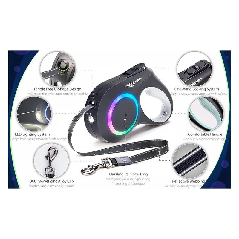 Rechargeable LED Retractable Dog Leash — Bright Light for Safe Night Walks