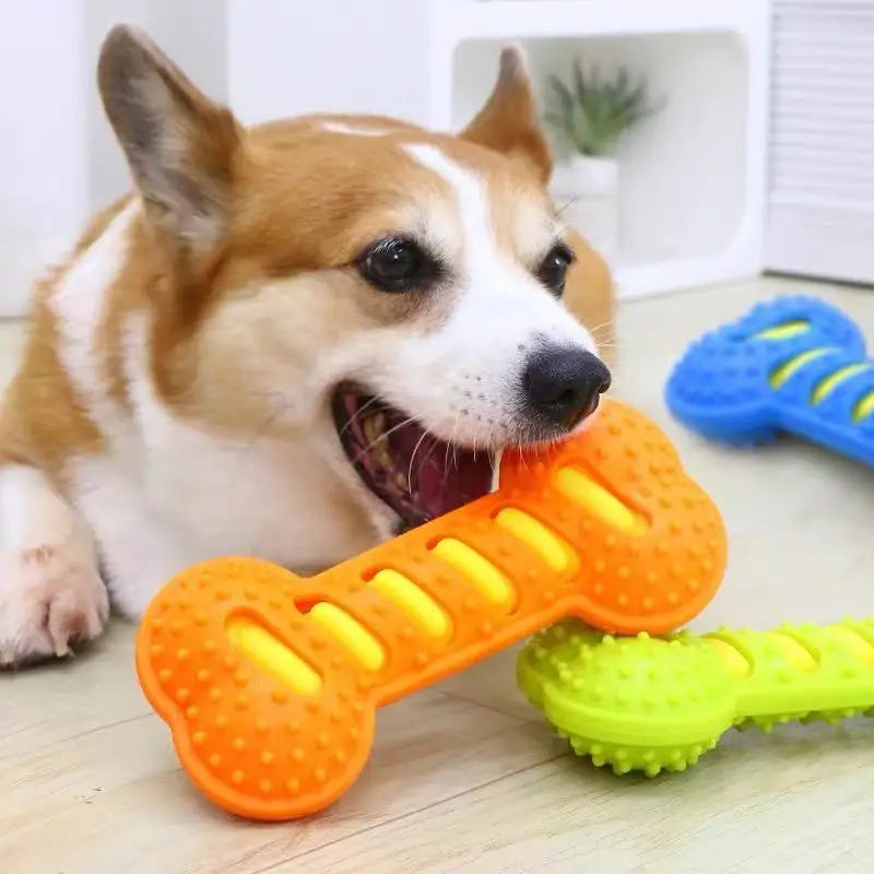 Squeaky Treat Dispenser Bone — Indestructible Rubber Chew Toy with Built-In Squeaker & Snack Pocket for Dogs