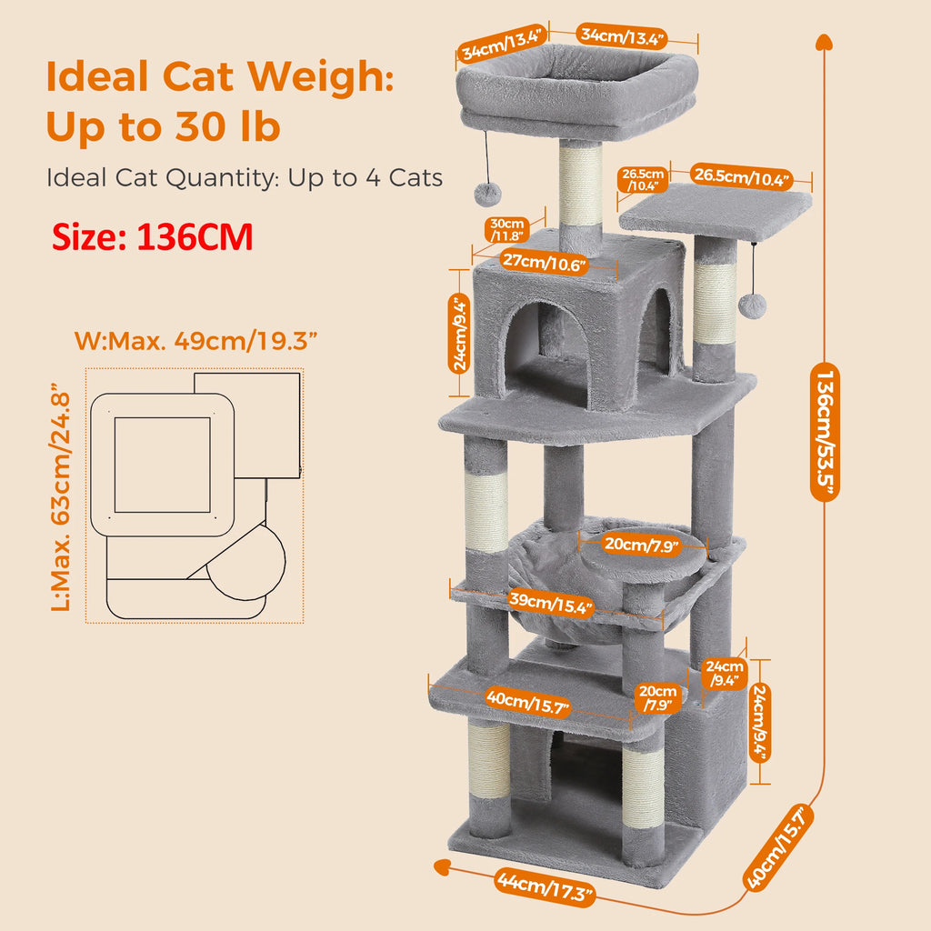 Multi-Level Cat Tree Tower — Premium Sisal Scratching Posts with Cosy Hideaway & Perches (1.36m or 1.84m)