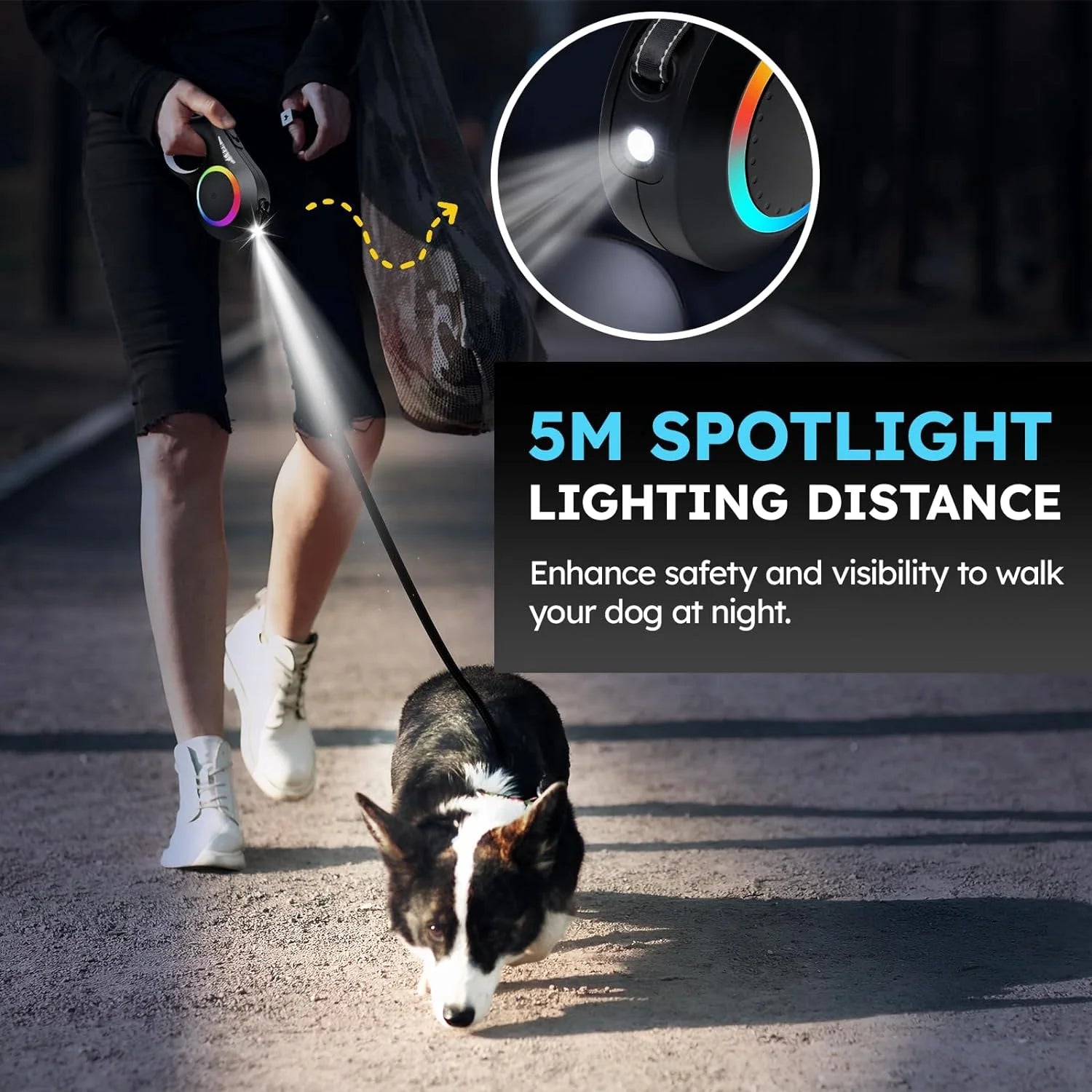 Rechargeable LED Retractable Dog Leash — Bright Light for Safe Night Walks