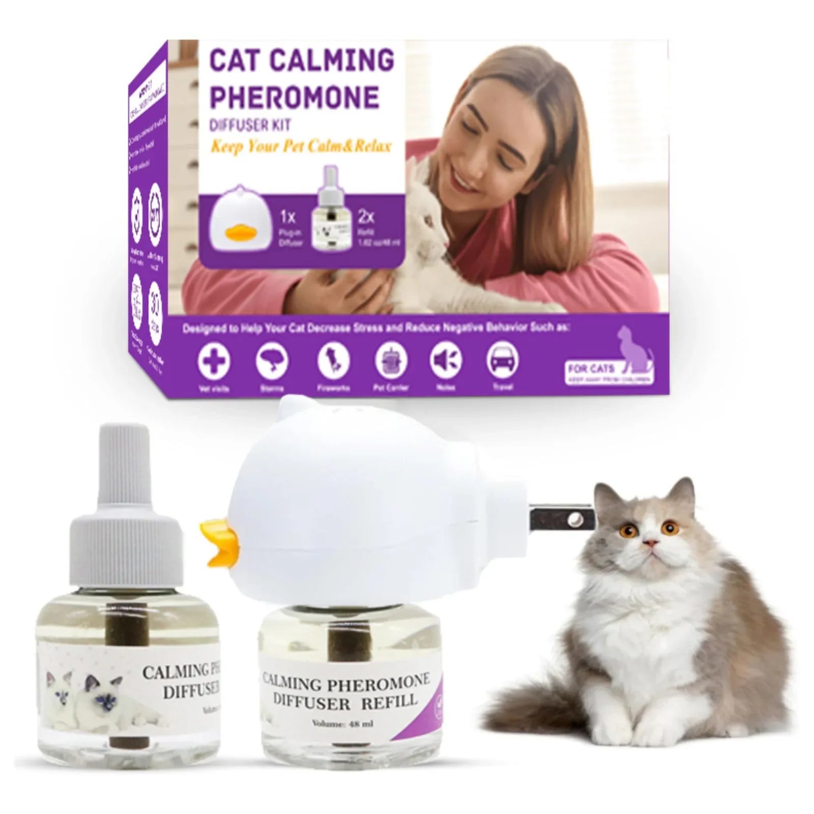 Calming Pheromone Diffuser Kit for Pets — Anti-Anxiety Stress Relief with 2 Refills Included