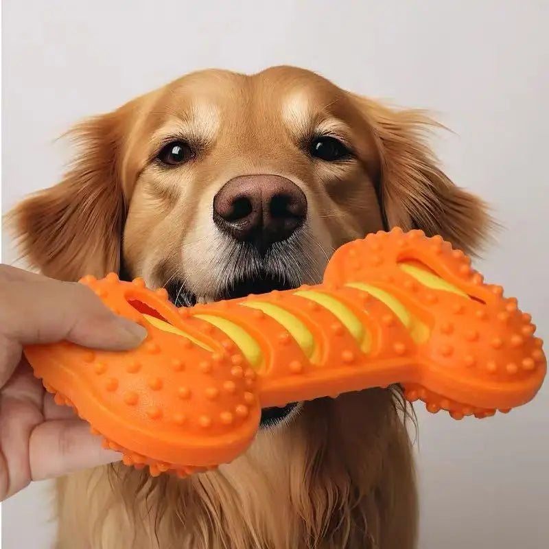 Squeaky Treat Dispenser Bone — Indestructible Rubber Chew Toy with Built-In Squeaker & Snack Pocket for Dogs