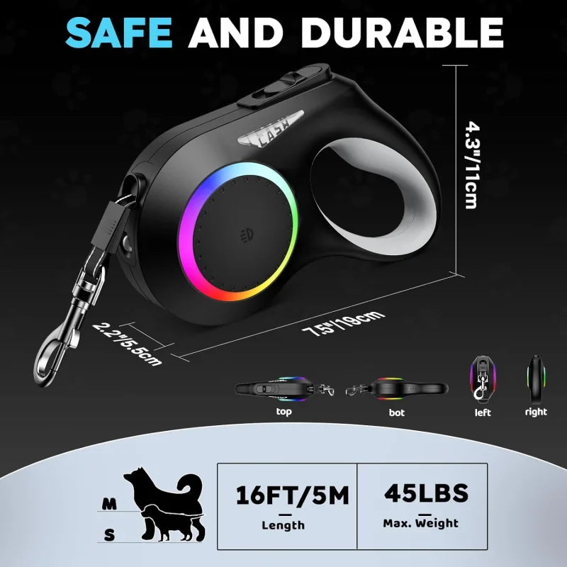Rechargeable LED Retractable Dog Leash — Bright Light for Safe Night Walks