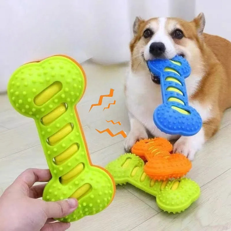 Squeaky Treat Dispenser Bone — Indestructible Rubber Chew Toy with Built-In Squeaker & Snack Pocket for Dogs