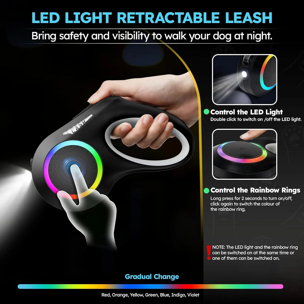 Rechargeable LED Retractable Dog Leash — Bright Light for Safe Night Walks